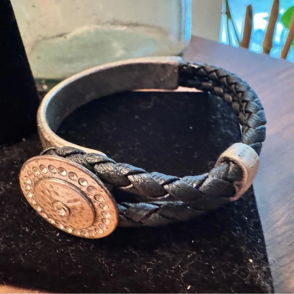 Premier Designs Black Leather  Braided Bracelet with Silver Medallion